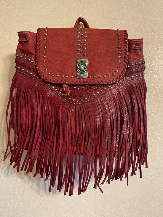 Montana West Handbags - Montana West Red Leather Fringe Backpack with Turquoise Accent and Studs